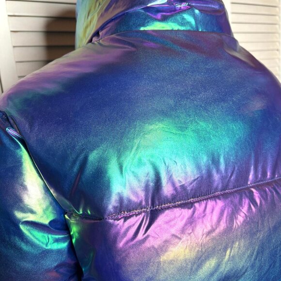 Unreal Fur Holographic FRACTALS Iridescent Puffer Jacket Metallic Cropped M NWT - Picture 8 of 12